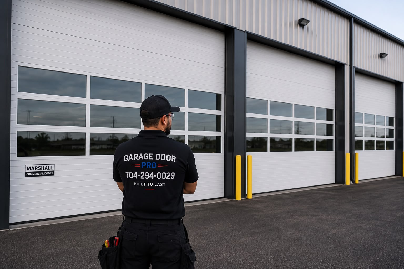 Garage Door Pro technician inspecting commercial garage doors - commercial garage door service Charlotte NC