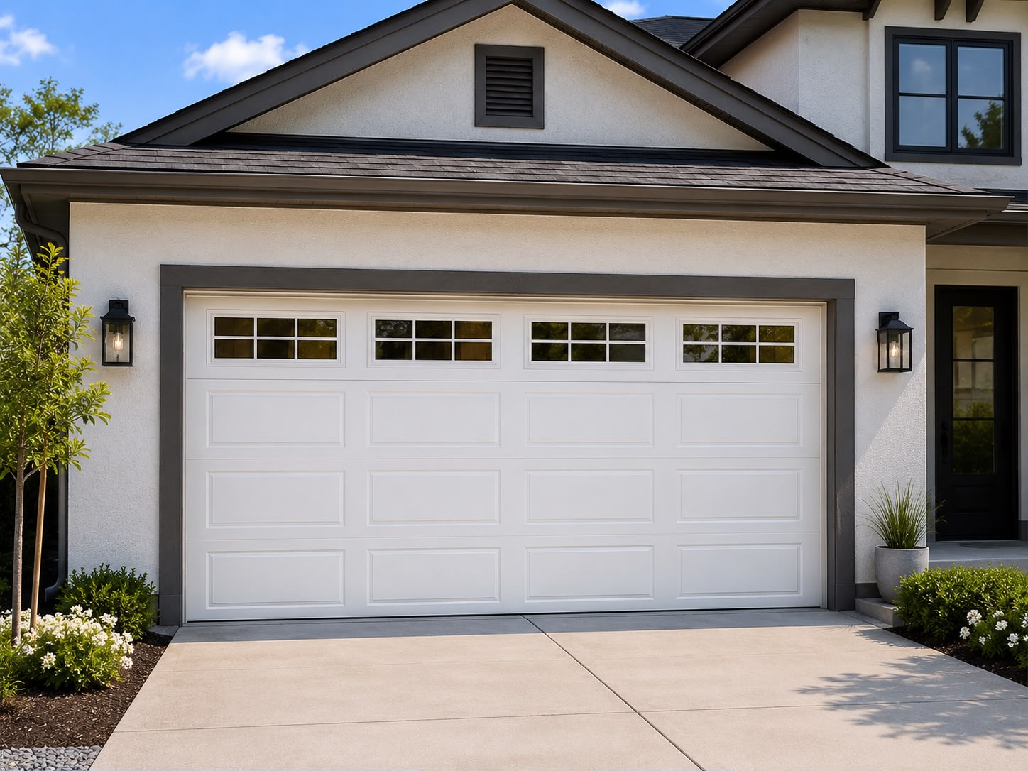 New garage door installation - white double garage door with square windows - residential door replacement Charlotte NC
