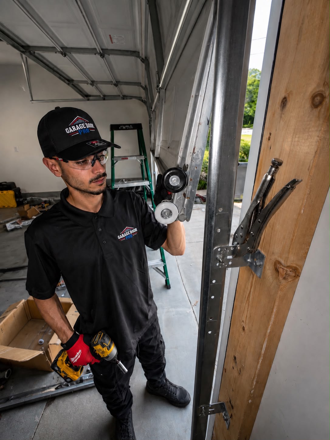 Garage Door Pro technician repairing garage door roller and track during residential service call - garage door repair Charlotte NC 704-294-0029